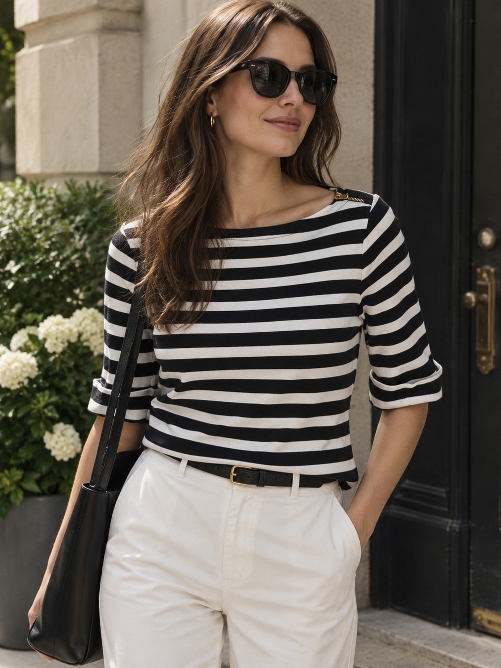 Ralph Lauren Black & White Cotton Striped Boatneck Mid-Length Roll Sleeve Top M